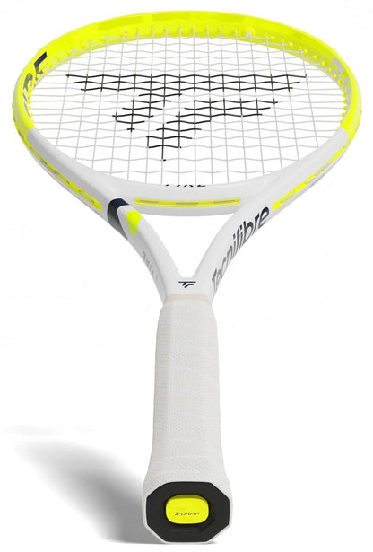 The Tecnifibre Fire 270 Tennis Racket features vibration dampening technology for comfort. It has a white and yellow frame, black strings, and a white grip, and is shown upright with the handle facing forward.