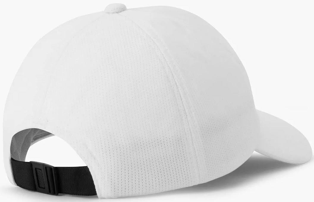 The Yonex 40125EX Tennis Cap in white is displayed from the back, showing its black adjustable strap and curved brim. This lightweight Yonex cap stands out against a light background, emphasizing its clean, sporty design.