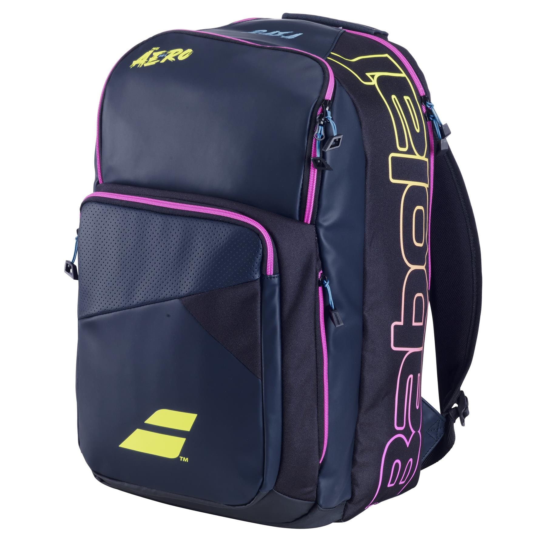 The Babolat Pure Aero Rafa II Tennis Backpack in black, pink, and yellow prominently showcases the "Babolat" brand. Drawing inspiration from the Babolat Pure Aero design, this backpack offers multiple zippered compartments and pockets for exceptional convenience.