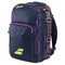 The Babolat Pure Aero Rafa II Tennis Backpack in black, pink, and yellow prominently showcases the "Babolat" brand. Drawing inspiration from the Babolat Pure Aero design, this backpack offers multiple zippered compartments and pockets for exceptional convenience.