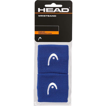 A set of HEAD 2.5" Tennis Wristbands in blue, showcasing the white HEAD logo and labeled "Sweat Absorption" on the front. These wristbands provide outstanding elasticity, ensuring a secure fit during intense matches.