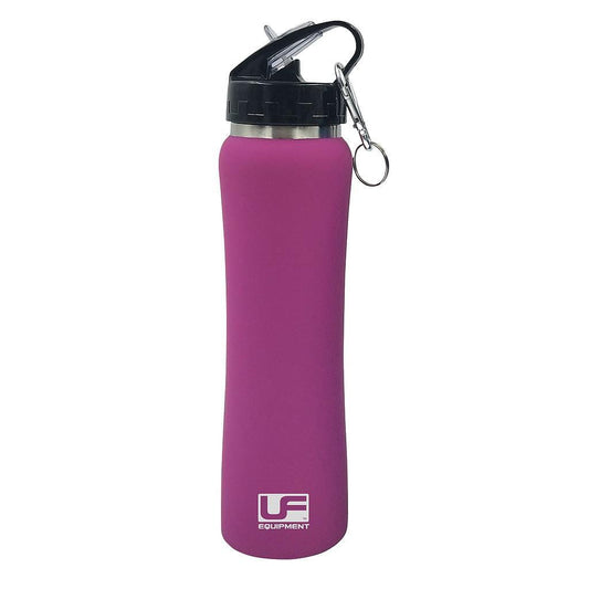 An Orchid-colored Urban Fitness Cool Stainless Steel 500ml Water Bottle featuring a black lid and a silver carabiner. Made from stainless steel, it is elegantly branded with the "UF Equipment" logo in white at the base.