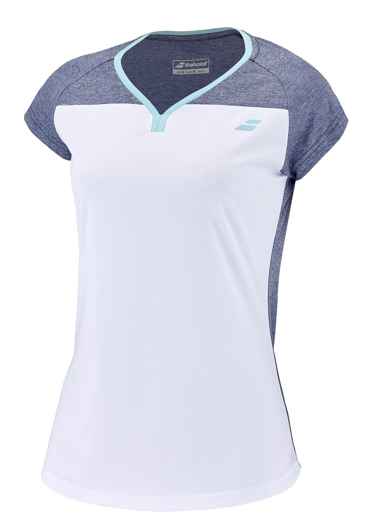 The Babolat Play Women's Tennis Cap Sleeve Top in White and Blue Heather combines style and performance. This sporty shirt features short sleeves with darker gray shoulder panels, a light blue trim around the V-neck, and is crafted from recycled polyester for an eco-friendly option. The small logo on the left chest adds a touch of brand detail, making it perfect for active wear.
