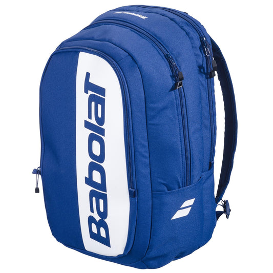 The Babolat Court Hero Tennis Backpack - Dark Blue features white accents, “Babolat” branding on the front pocket, a zippered main compartment, and is made with recycled PET for an eco-friendly style.