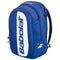 The Babolat Court Hero Tennis Backpack - Dark Blue features white accents, “Babolat” branding on the front pocket, a zippered main compartment, and is made with recycled PET for an eco-friendly style.
