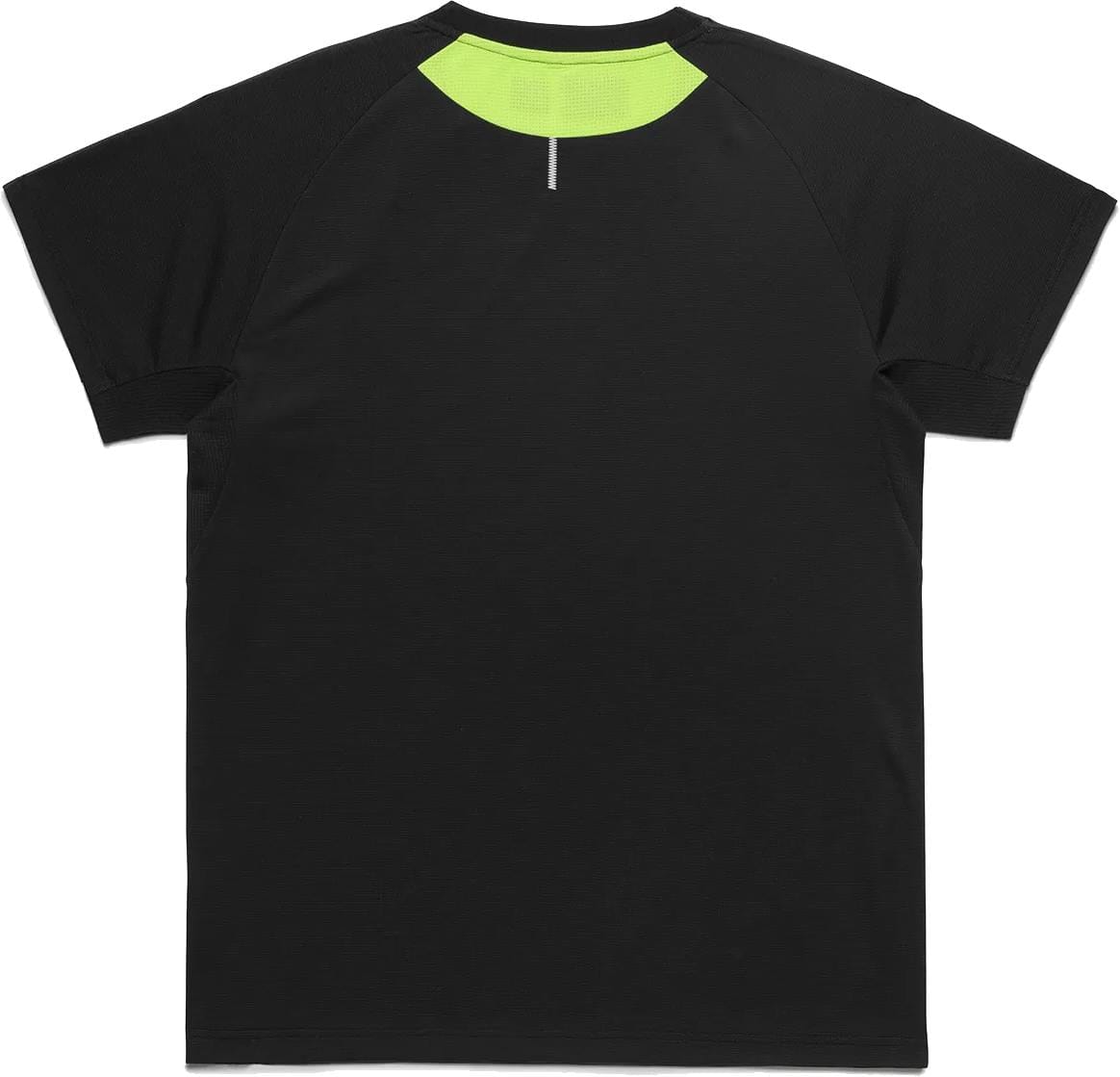 The Yonex 10711YX Crew Neck Men's Tennis T-Shirt in black features a neon yellow accent at the upper back neckline and a small vertical gray line below the collar. Made by Yonex with moisture-wicking fabric for on and off court comfort.