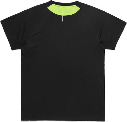The Yonex 10711YX Crew Neck Men's Tennis T-Shirt in black features a neon yellow accent at the upper back neckline and a small vertical gray line below the collar. Made by Yonex with moisture-wicking fabric for on and off court comfort.
