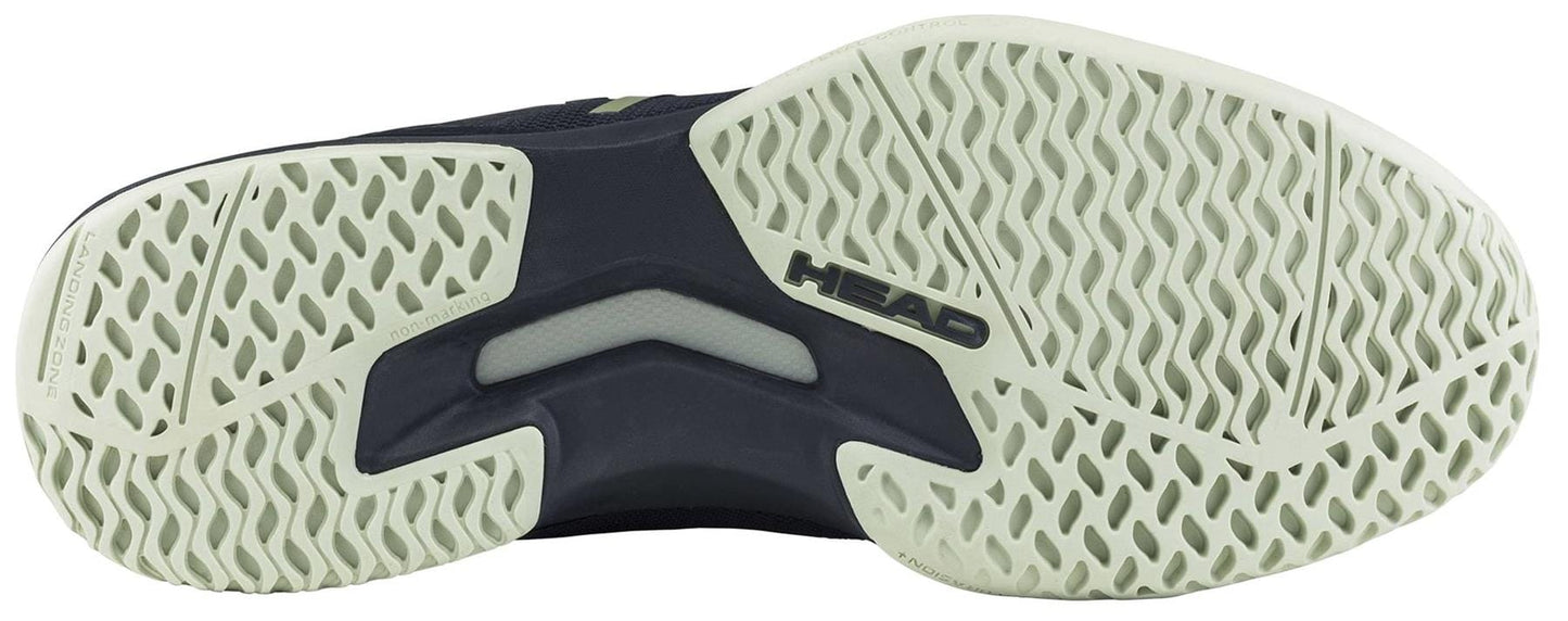 The image shows the sole of the HEAD Sprint Team 4.0 Men's Tennis Shoe in Navy/Cantaloupe Green, featuring a wavy, non-slip tread pattern and "HEAD" printed in black. The light gray sole with black details highlights these breathable shoes.