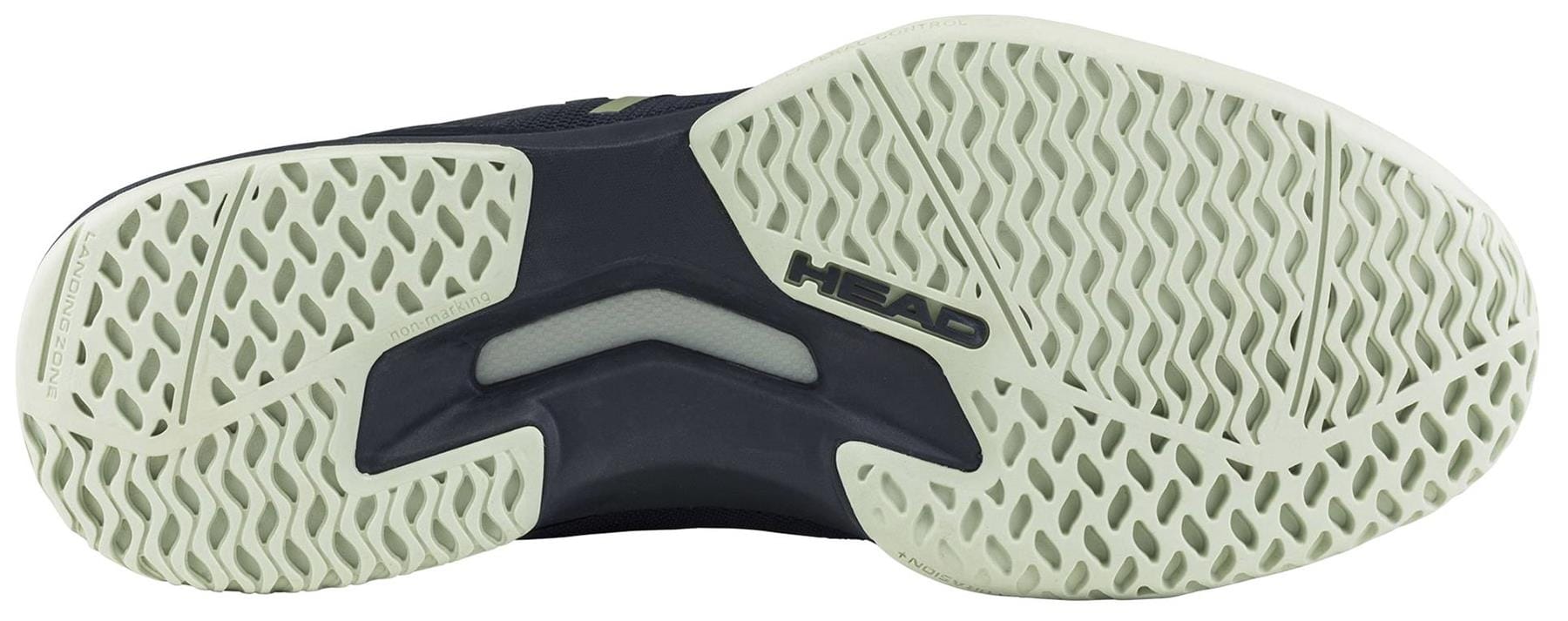 The image shows the sole of the HEAD Sprint Team 4.0 Men's Tennis Shoe in Navy/Cantaloupe Green, featuring a wavy, non-slip tread pattern and "HEAD" printed in black. The light gray sole with black details highlights these breathable shoes.