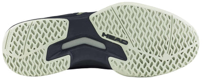 The image shows the sole of the HEAD Sprint Team 4.0 Men's Tennis Shoe in Navy/Cantaloupe Green, featuring a wavy, non-slip tread pattern and "HEAD" printed in black. The light gray sole with black details highlights these breathable shoes.