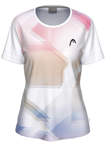 The HEAD Tie-Break II Womens Tennis T-Shirt - LBXW is a short-sleeve, moisture-wicking athletic shirt with red, tan, and blue geometric stripes on white and a small black left-chest logo. Brand: HEAD.