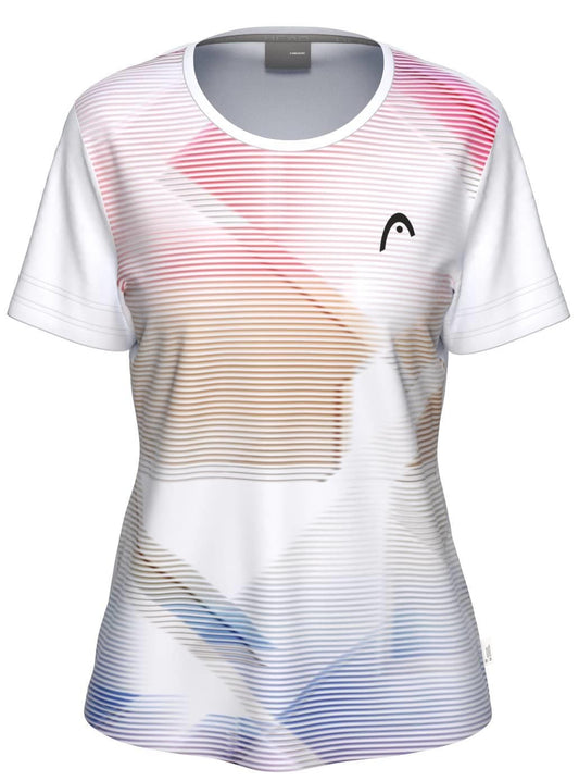 The HEAD Tie-Break II Womens Tennis T-Shirt - LBXW is a short-sleeve, moisture-wicking athletic shirt with red, tan, and blue geometric stripes on white and a small black left-chest logo. Brand: HEAD.