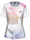 The HEAD Tie-Break II Womens Tennis T-Shirt - LBXW is a short-sleeve, moisture-wicking athletic shirt with red, tan, and blue geometric stripes on white and a small black left-chest logo. Brand: HEAD.