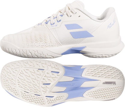The Babolat Jet Mach 4 All Court Women's Tennis Shoes in cream and lavender feature a textured sole and lace-up design, offering high-performance agility and style for tennis players. Side and bottom views highlight their quality.
