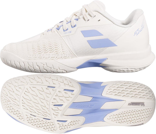 The Babolat Jet Mach 4 All Court Women's Tennis Shoes in cream and lavender feature a textured sole and lace-up design, offering high-performance agility and style for tennis players. Side and bottom views highlight their quality.