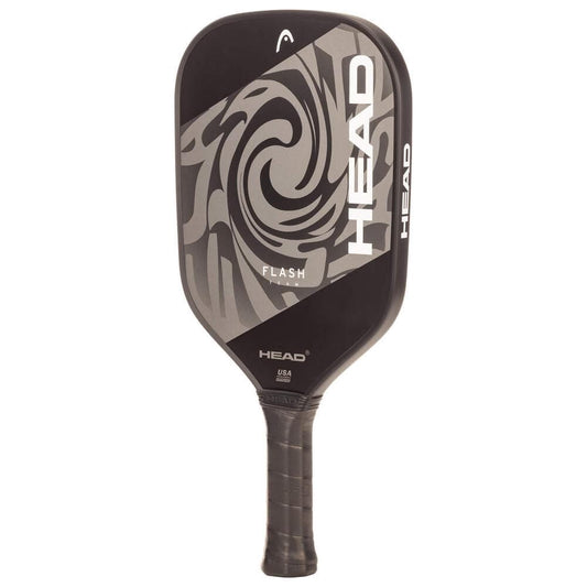 The HEAD Flash Team Pickleball Paddle in black/grey features a swirling design, durable fiberglass construction, large white HEAD logo, and a textured black grip handle—perfect for beginners.