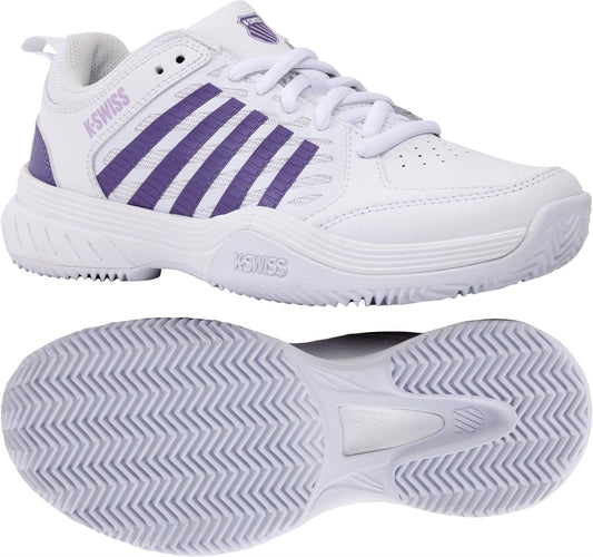 K-Swiss Court Express 2 Clay Women's Tennis Shoes in White/Purple Haze/Neo Lavender shown from the side and bottom, highlighting the textured sole designed for clay courts.
