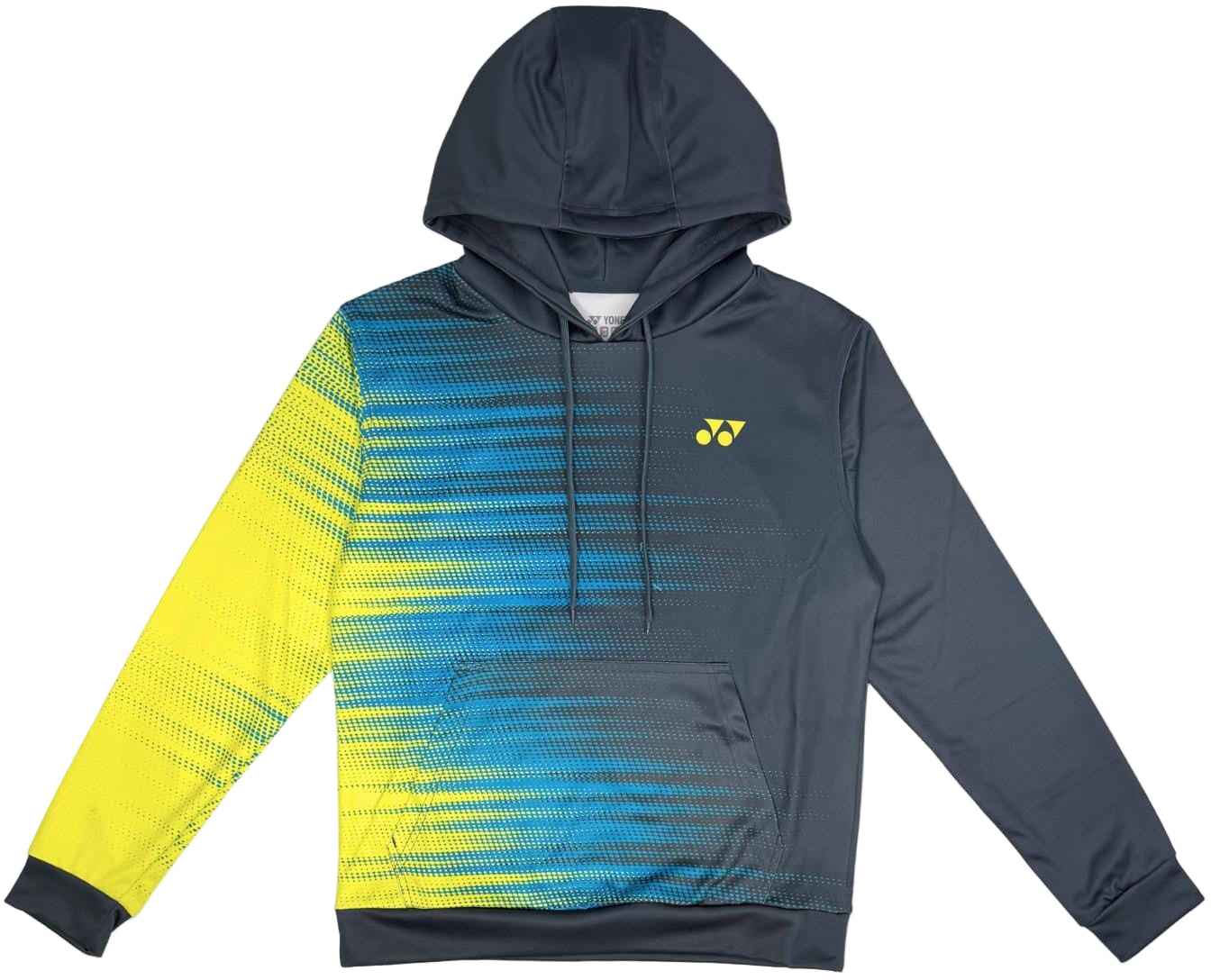 The Yonex YHD2025 Unisex Tennis Hoodie in teal/lime features Poly-Tech Knit fabric, a pixelated design on the left sleeve and side, a small yellow chest logo, and a front pocket.