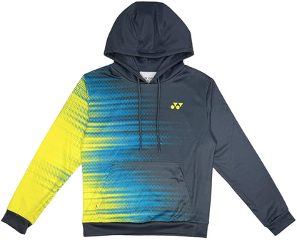 The Yonex YHD2025 Unisex Tennis Hoodie in teal/lime features Poly-Tech Knit fabric, a pixelated design on the left sleeve and side, a small yellow chest logo, and a front pocket.