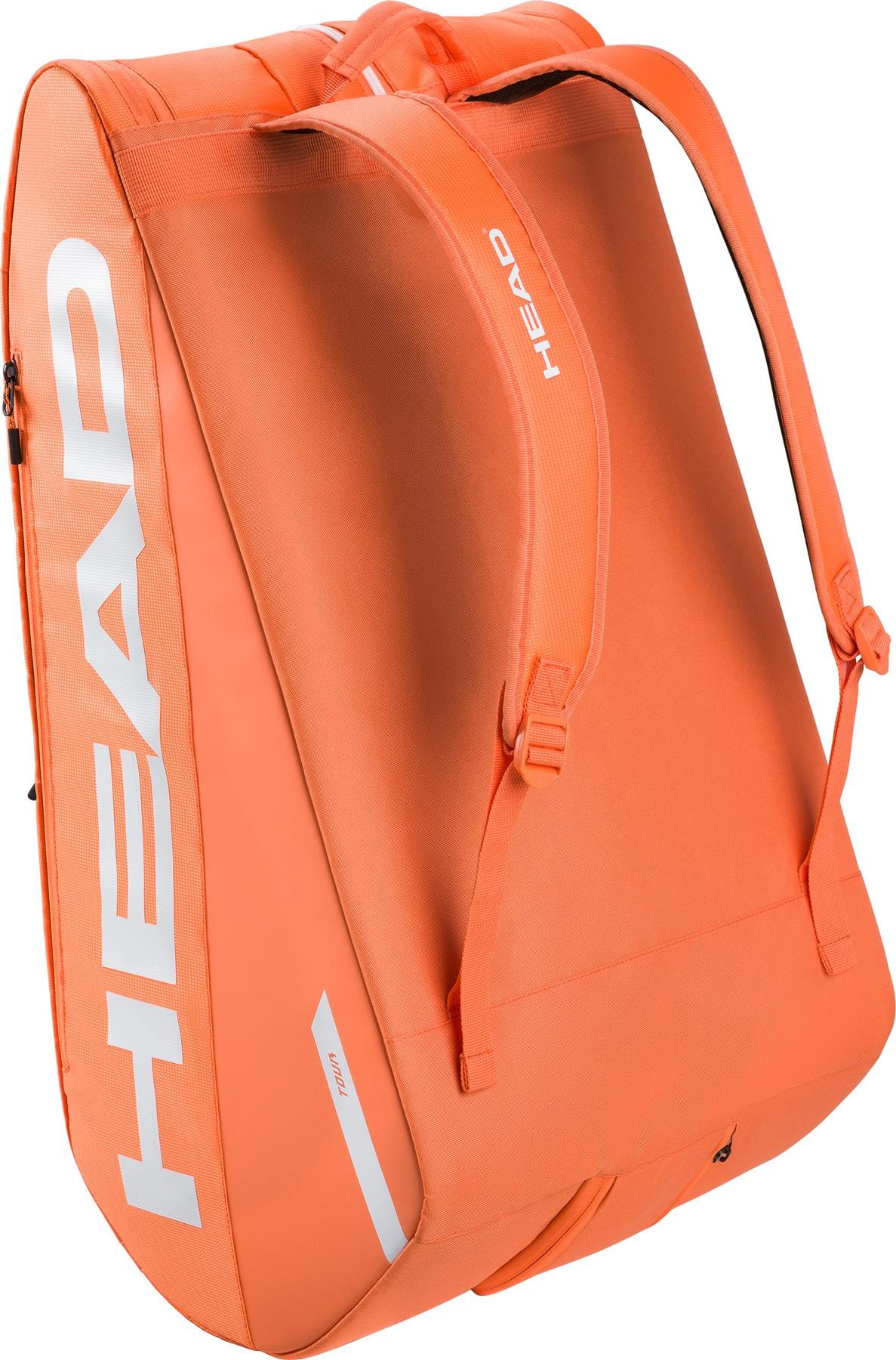The HEAD Tour 12 Racket Tennis Bag XL - Orange features white branding, two backpack-style shoulder straps, a side zipper pocket, spacious storage for gear, and climate control technology to protect your equipment.