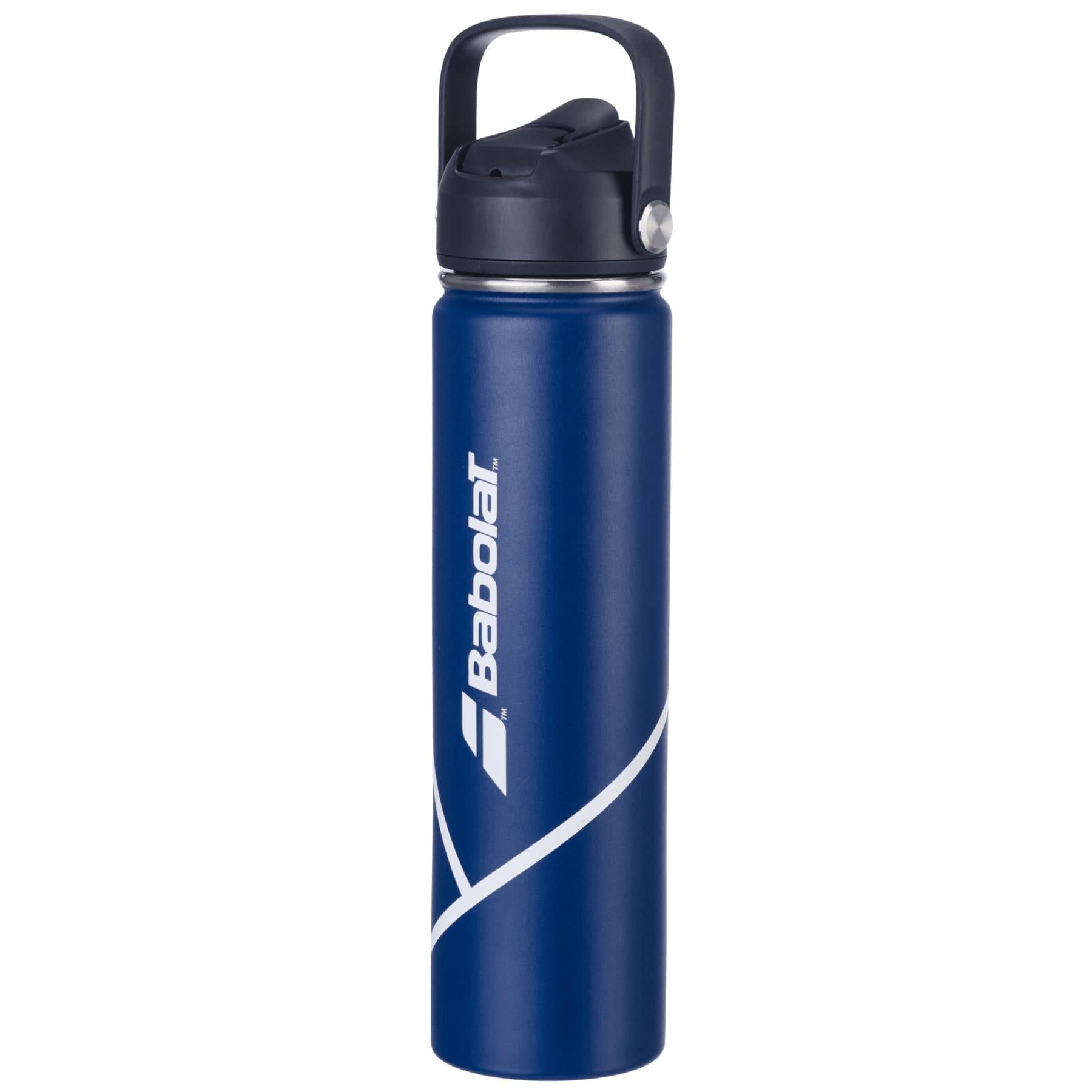 The Babolat Isothermal 750ml Water Bottle in blue features a white logo, black flip-top lid, carrying handle, and stainless steel construction for superior temperature retention.