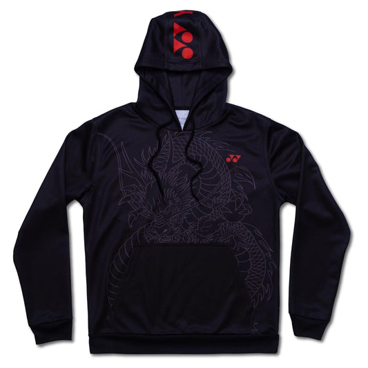 Discover the Yonex CNY2024 Linear Dragon Unisex Tennis Hoodie in black. This stylish hoodie showcases a subtle dark gray dragon design, celebrating Chinese New Year with a red geometric logo on both the hood and chest. It also features a front pouch pocket and long sleeves for ultimate comfort.