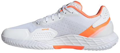 The adidas Defiant Speed 2 Men's Tennis Shoes in white and orange feature a breathable mesh upper, textured sole, orange accents, and "ADITUFF" near the toe—ideal lightweight sneakers for tennis enthusiasts.