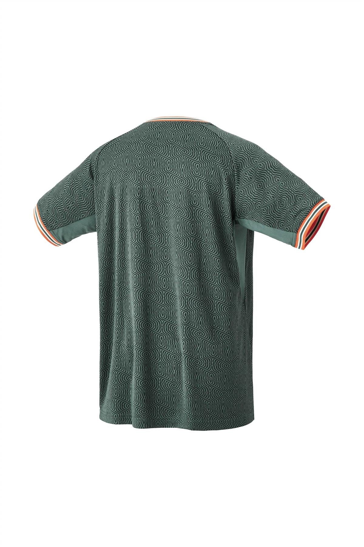 The Yonex 10560 Men's Tennis T-Shirt in Olive Green features a subtle circular pattern and short sleeves with red, white, and green striped cuffs. The backside of the shirt is displayed, highlighting its design and texture. It is enhanced with Yonex's VeryCool technology for effective UV reduction.