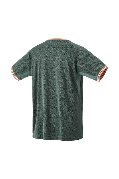 The Yonex 10560 Men's Tennis T-Shirt in Olive Green features a subtle circular pattern and short sleeves with red, white, and green striped cuffs. The backside of the shirt is displayed, highlighting its design and texture. It is enhanced with Yonex's VeryCool technology for effective UV reduction.