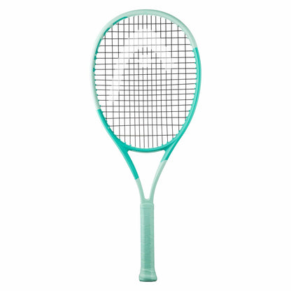 The HEAD Boom Junior 2024 Alternate Tennis Racket in mint features a sleek, modern design with a grid of strings and grip handle. Enhanced with Graphene for superior performance, this racket is ideal for young players.