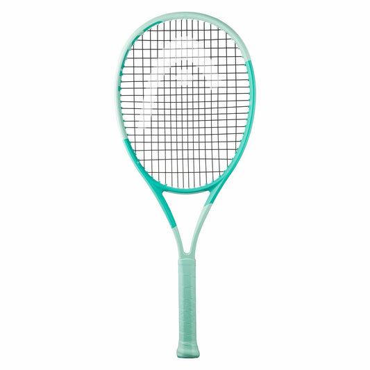 The HEAD Boom Junior 2024 Alternate Tennis Racket in mint features a sleek, modern design with a grid of strings and grip handle. Enhanced with Graphene for superior performance, this racket is ideal for young players.