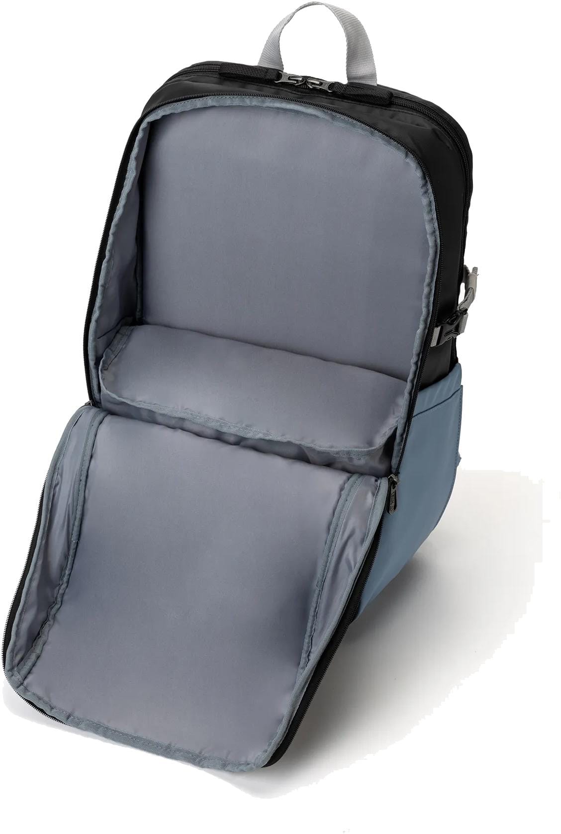 The Yonex BA52512EX Club Tennis Backpack in Black/Blue is shown open, displaying its spacious light gray interior and zippered flap, highlighting the storage capacity and durability of this Yonex tennis bag.