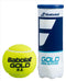 A yellow, pressurized tennis ball labeled "Babolat EVO Gold High Altitude" rests beside a sleek cylindrical container featuring the "Babolat" branding. The container's striking dark and light blue design emphasizes the text "EVO Gold High Altitude," ideal for those in search of a high-altitude tennis ball.