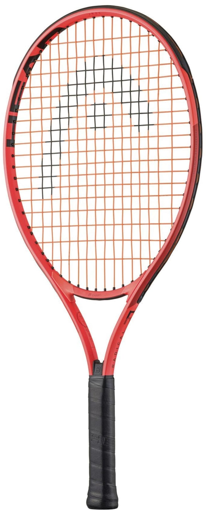 The HEAD Radical Junior 23 2025 Tennis Racket features a sleek red and black frame with orange strings and a distinct logo. It has a black grip-taped handle with a Damp+ insert, designed for optimal on-court performance.