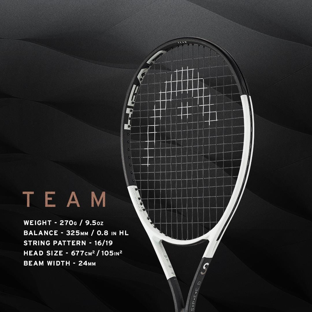 The HEAD Speed Team 2024 Tennis Racket - White / Black features Auxetic 2.0 technology and Graphene Inside, enhancing its performance against a dark wavy backdrop. With specifications of a 270g/9.5oz weight, 325mm/0.8in HL balance, a string pattern of 16/19, a head size of 677cm²/105in², and a beam width of 24mm, it offers precise control on the court.