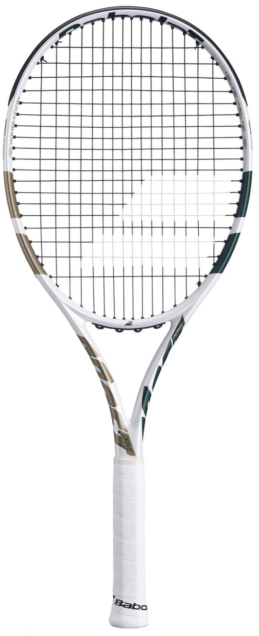 The Babolat Boost Wimbledon 2025 Tennis Racket in white and champagne green is displayed upright on a plain white background.