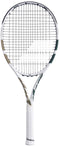 The Babolat Boost Wimbledon 2025 Tennis Racket in white and champagne green is displayed upright on a plain white background.