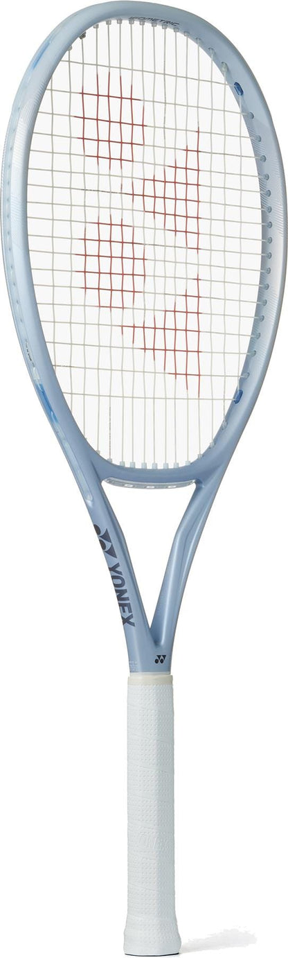 The Yonex Muse 100 Tennis Racket by Yonex features a light blue frame, white strings, and a comfortable white grip—making it ideal for relaxed tennis play and smooth rallies on the court.