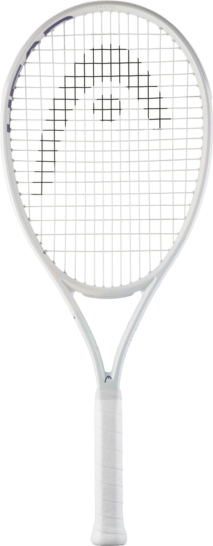 The HEAD PWR 110 Tennis Racket by HEAD, shown in white with a black curved string design on a plain white background, is perfect for beginners seeking extra power.