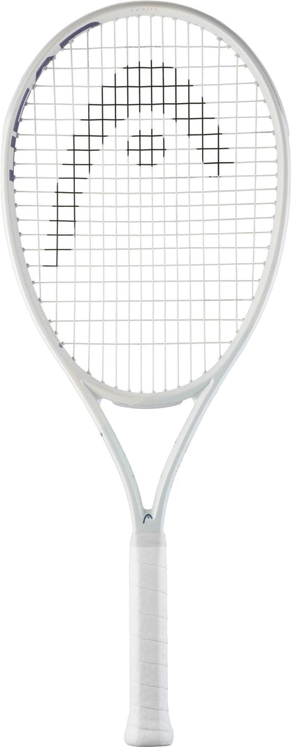 The HEAD PWR 110 Tennis Racket by HEAD, shown in white with a black curved string design on a plain white background, is perfect for beginners seeking extra power.