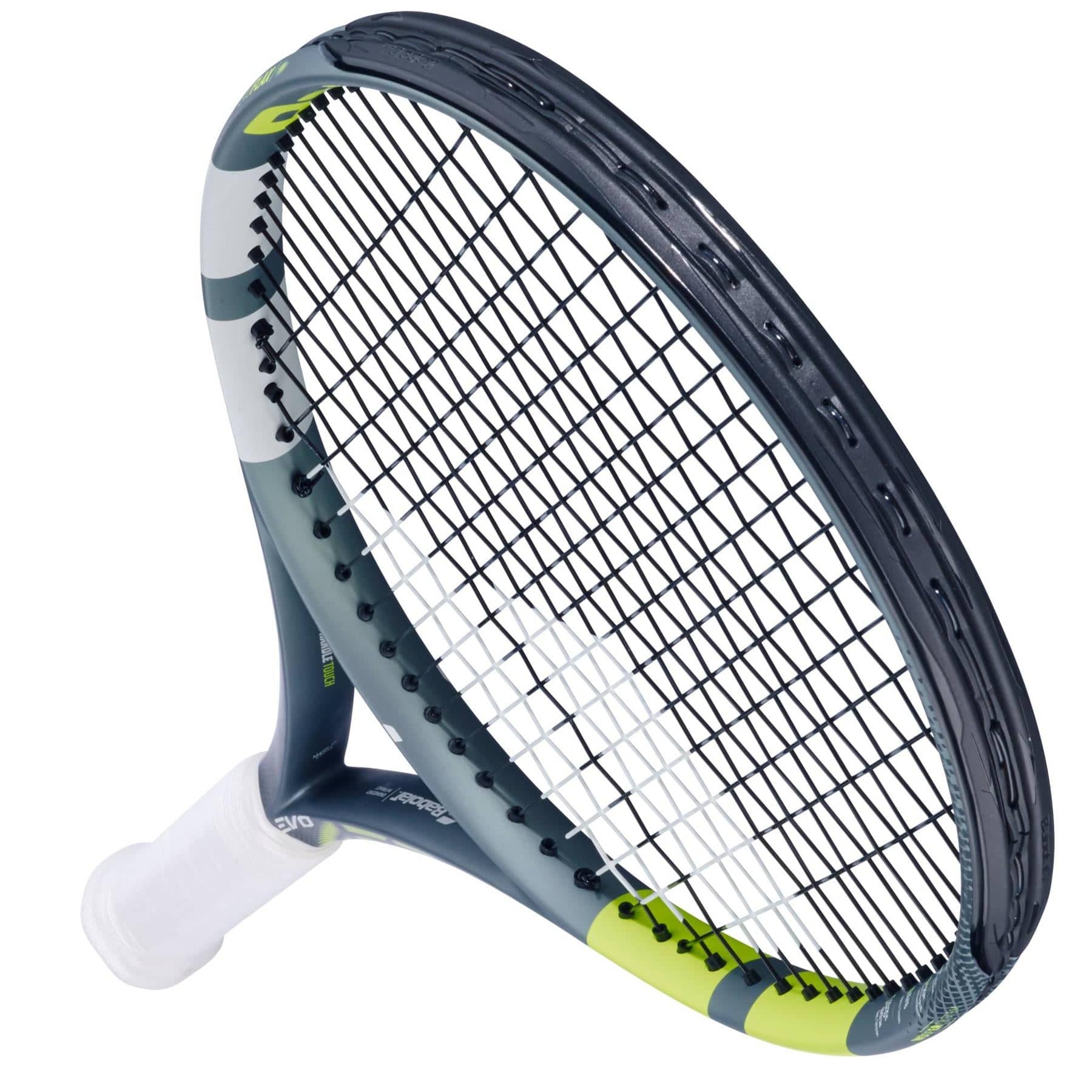 The Babolat Evo Aero Lite 2026 Tennis Racket, featuring a black and green frame, white grip, and interlaced black strings, is displayed against a white background. This lightweight racket from Babolat offers excellent maneuverability.