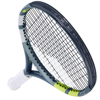 The Babolat Evo Aero Lite 2026 Tennis Racket, featuring a black and green frame, white grip, and interlaced black strings, is displayed against a white background. This lightweight racket from Babolat offers excellent maneuverability.