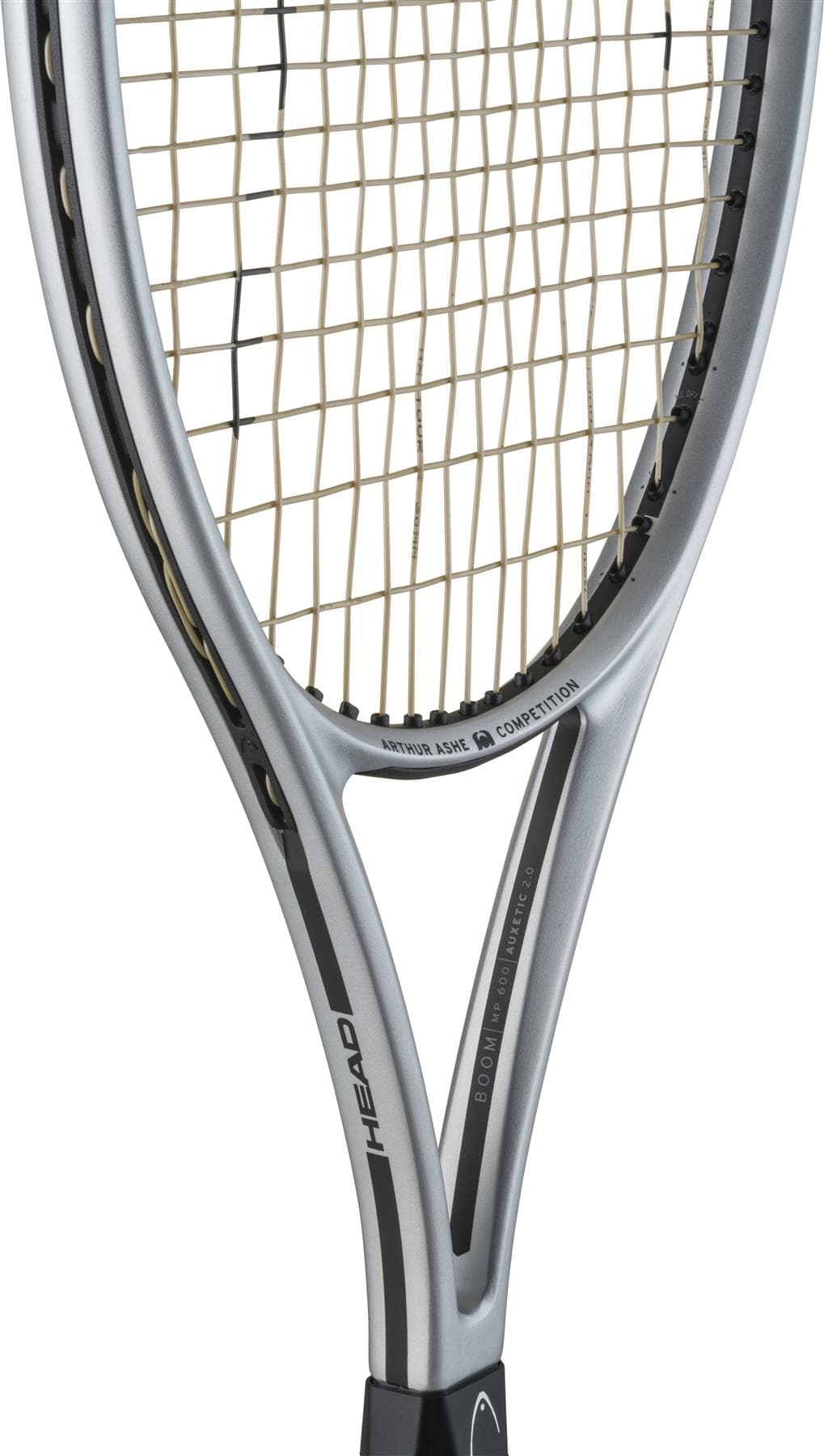 Close-up of the silver HEAD Arthur Ashe Competition 2025 Tennis Racket, featuring Auxetic 2.0 technology and limited-edition "Competition" branding—crafted by HEAD for serious players.