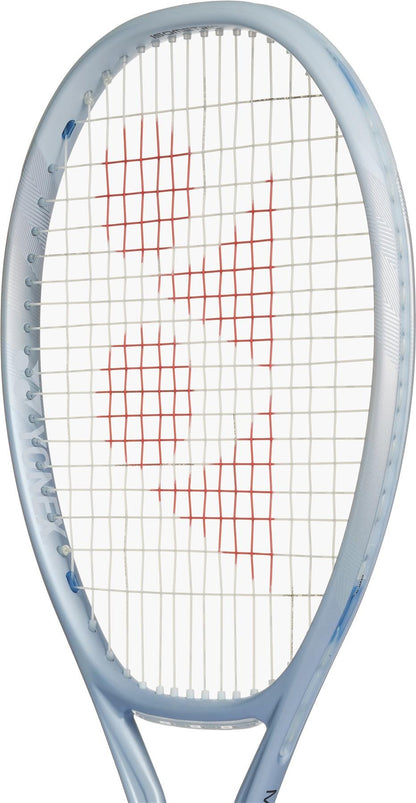 A close-up of the Yonex Muse 100L Tennis Racket by Yonex features white strings and a red geometric pattern on the head, emphasizing this racket's comfortable and forgiving design.