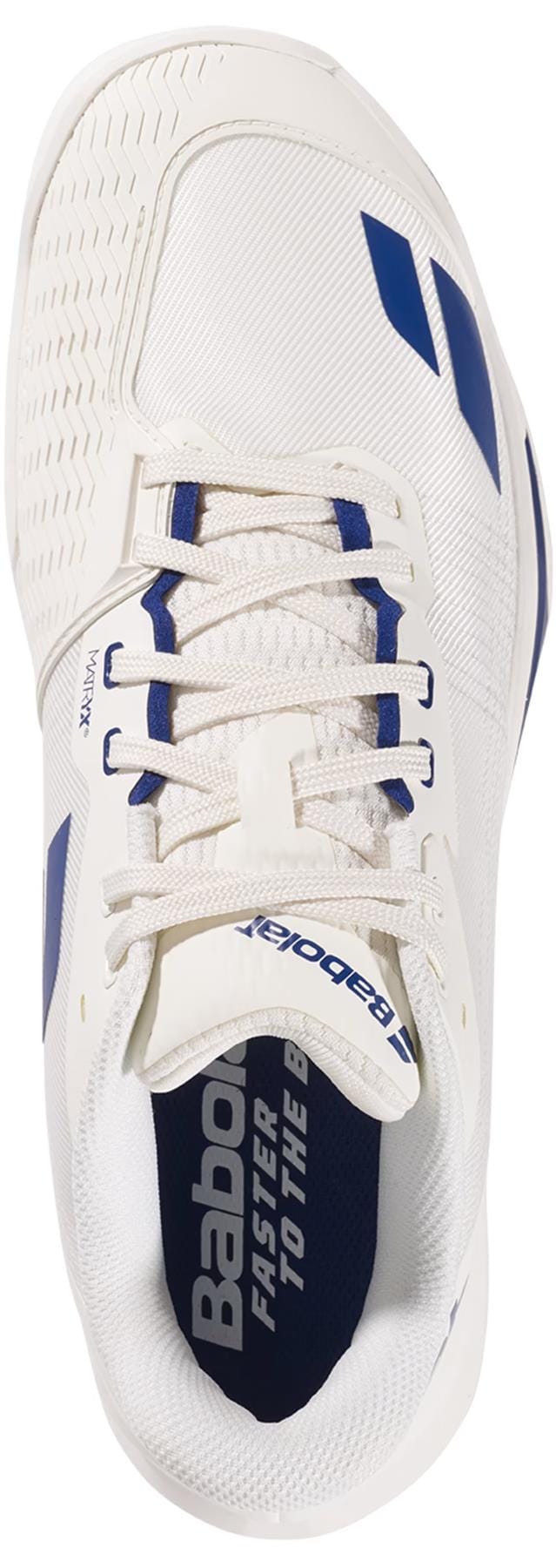 Top view of the Babolat Jet Mach 4 All Court Men's Tennis Shoe in cream and dark blue, featuring white laces, a textured toe, and "Babolat Faster to the ball" on the insole—designed for agility on court.