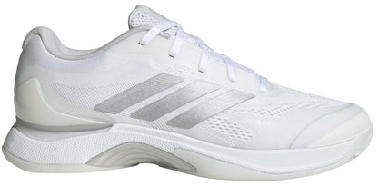 The adidas Avacourt 3 Womens Tennis Shoes in white feature silver stripes, breathable mesh panels, and a textured rubber sole—perfect for tennis. Shown from the side on a plain background.
