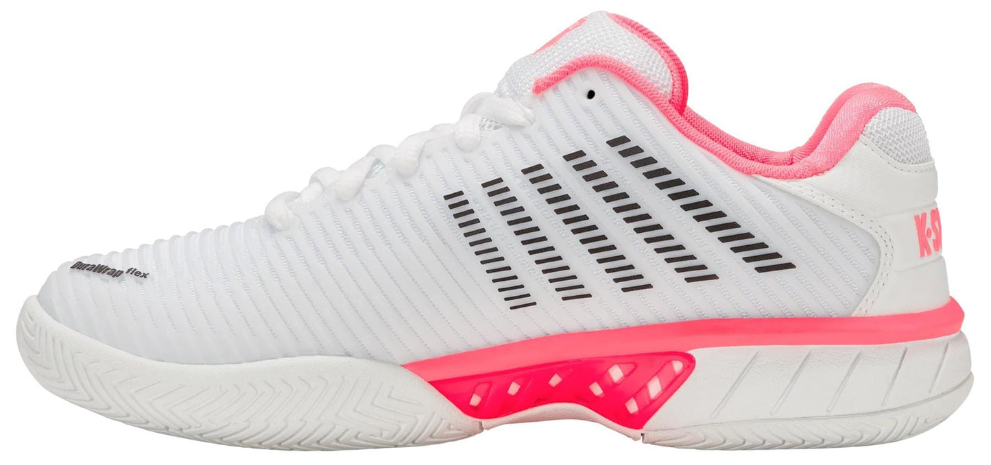 The K-Swiss Hypercourt Express 2 Women's Tennis Shoes feature a white mesh upper with black stripes, pastel pink accents, and a textured sole for breathability, cushioning, and stability—perfect for athletic performance on the court.