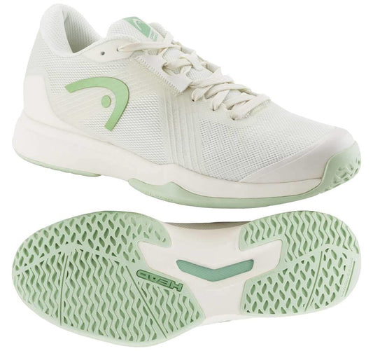 The HEAD Sprint Team 4.0 Womens Tennis Shoes in Chalk White/Lime Green feature a lightweight, breathable mesh upper, laces, and logo on the side; shown from the side and below to highlight the tread pattern and lime green accents.