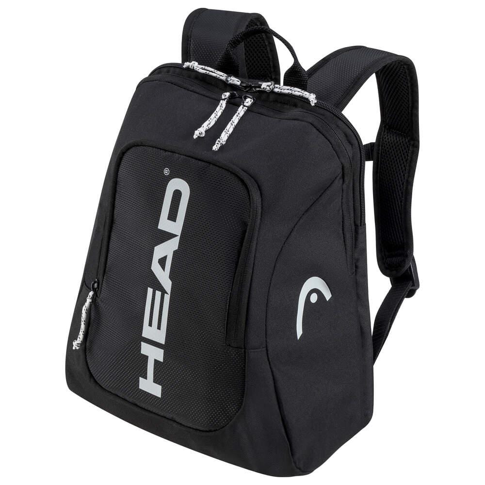 The HEAD Kids Tour Tennis Backpack in black and white features adjustable shoulder straps and several zippered compartments, including a convenient space for sportswear. The brand name "HEAD" is prominently displayed vertically on the front in gray lettering, making it perfect for young tennis enthusiasts.
