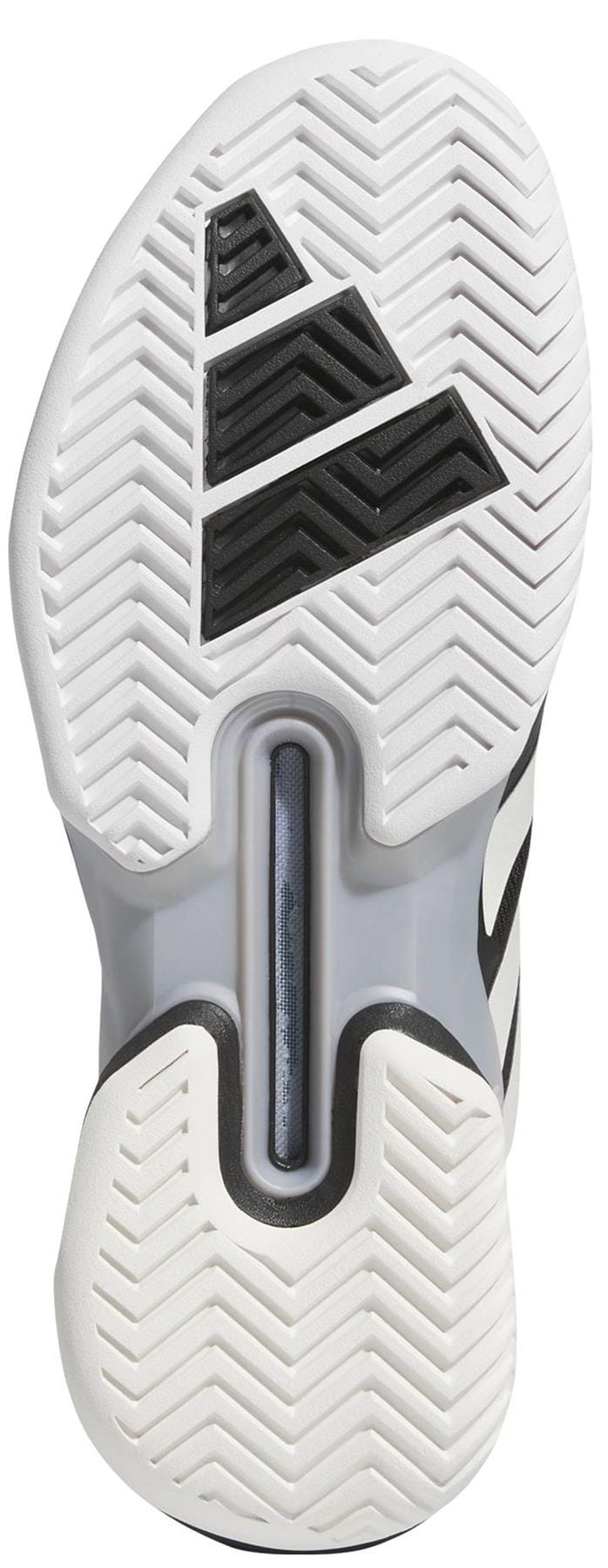 The image shows the sole of the adidas Adizero Ubersonic 5 Men's Tennis Shoe in black, featuring a white base, black and gray geometric tread patterns, zigzag grooves for traction, and midfoot support—perfect for tennis courts.